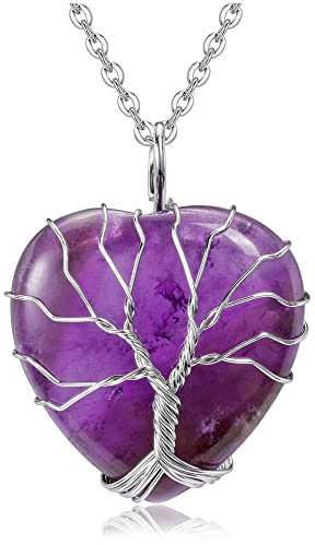 Top Plaza Natural Amethyst Healing Crystals Necklace Silver Life Tree Wire Wrapped Heart Shape Stone Pendant for Womens Ladies Mothers Day Gifts