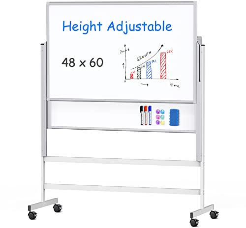 maxtek Whiteboard, trocken abwischbar, höhenverstellbar, Staffelei, Ständer, Roll-Whiteboard auf Rädern, 48 x 60 cm, groß, mobil, trocken abwischbar, 1,2 x 1,5 m, doppelseitig, magnetisch, Whiteboard