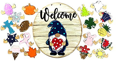 Gnome Door Hanger Seasonal Welcome Sign with Interchangeable Holiday Pieces, Hanging Hand-Decorated, for Housewarming Gifts Front Door Wreath Decor (B)
