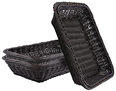 WANDIC 3 Pack Poly-Wicker Woven Baskets,Stackable Imitation Vine Bread Baskets Rectangle Wicker Tray for Food Display Vegetables Home Kitchen Restaurant Outdoor(Dark Coffee/3 Sizes)