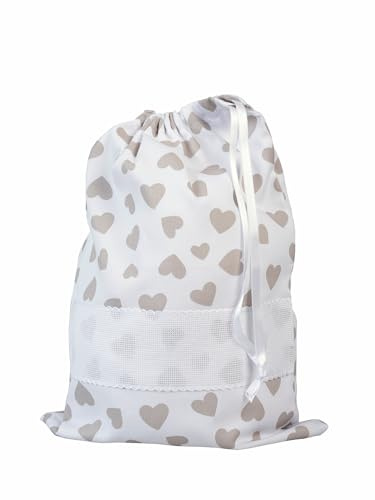 Filet - Sacchetto Porta Corredino con Chiusura a Coulisse da Ricamare, Realizzato in Cotone Piquet Millerighe Stampato, 100% Made in Italy, Fantasia Cuori Beige