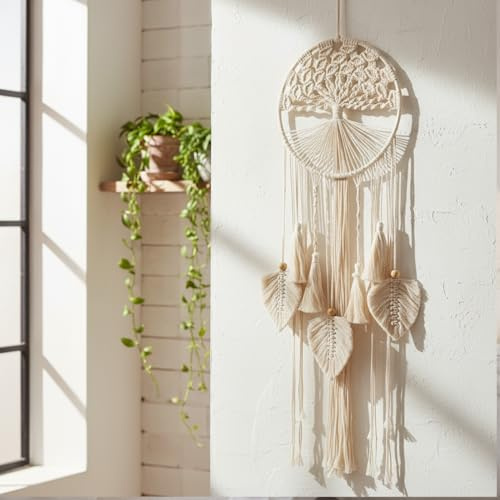 ACEDSGN Tree of Life Macrame Wall Hanging Boho Dream Catcher Tapestry, Handmade Woven Wall Art for Bedroom Living Room Hallway Symbol of Growth Harmony Positive Energy Gift for Women - White