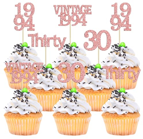 Gyufise 24Pcs Happy 30th Birthday Cupcake Toppers Glitter Thirty 30 Fabulous Vintage 1995 Cupcake Picks for 30th Birthday Wedding Anniversary Party Cake Decorations Supplies Rose Gold