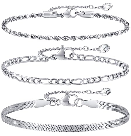 TempBeau Damen Armbänder Set Silber : 3Pcs Ketten Armband zierlich Vergoldet Armkettes Twist Figaro Kettenarmbänder Verstellbar Modeschmuck Silver für Damen Mädchen