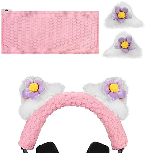 Geekria NOVA Knit Fabric Headband Cover and Cat Ears Attachment Set Compatible with Razer, SteelSeries, HyperX, Sennheiser, ASTRO, Sony, Logitech, ATH Headphones (Flower/White)