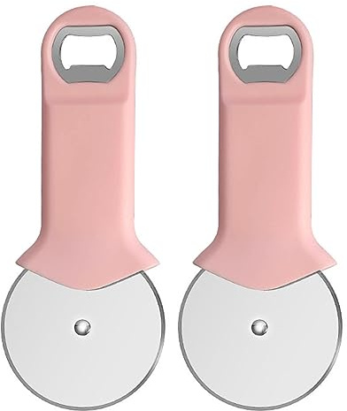 2 Stück Pizzaschneider mit Flaschenöffner, Hochwertige Pizza Schneidemesser Pizzaroller aus Edelstahl, Handlicher Pizza Cutter Pizzamesser, Bierflaschenöffner Metall Pizzaschneiderad (Rosa)
