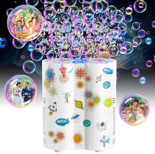Panamalar Fireworks Bubble Machine, Automatic Bubble Blower for Kids 20000+ Bubbles per Min, 26 Holes Bubble Machine with Lights/240ml Solution/Sticker for Outdoor Party Wedding-White