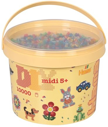Hama Perlen 180-54 Bügelperlen Eimer mit ca. 10.000 Midi Bastelperlen mit Durchmesser 5 mm, im Transparent Glitter-Mix, kreativer Bastelspaß für Groß und Klein