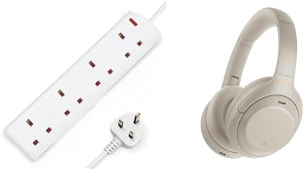 DESIRETECH White Electric Extension Lead 4 Gang 2 Metre | 2m Long Cable & Sony WH-1000XM4 Noise Cancelling Wireless Headphones - 30 hours battery life - Over Ear style