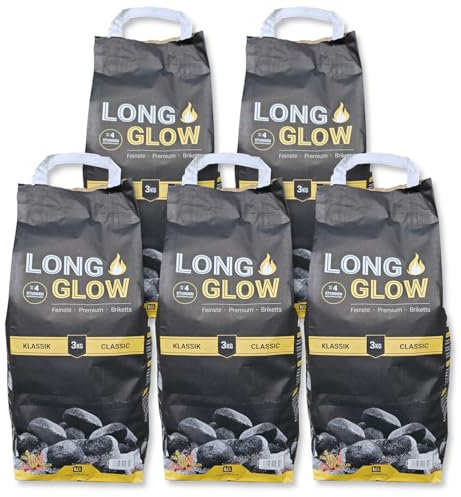 15kg (5x3kg) Long Glow Premium Grillbriketts Kohle Manufaktur Grillbrikett Premium Brikett Holz Kohle Grill Lange Brenn-& Glutdauer 4h Grillbriketts 100% Made in Germany Energie Kienbacher (15kg)