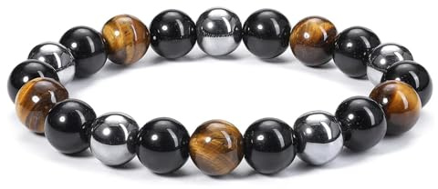 Oeil de Tigre 10mm Pierre Obsidienne Hématite Naturelle Bracelet - Triple Protection Bijou Énergétique Porte Bonheur pour Homme Femme - Cadeau avec Sac de Rangement en Flanelle