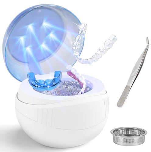 Nalax Limpiador ultrasónico de retención, limpiador ultrasónico profesional de 45000 Hz para dentaduras, alineador, protector bucal, bandejas de blanqueamiento, cabezal de cepillo de dientes y todos
