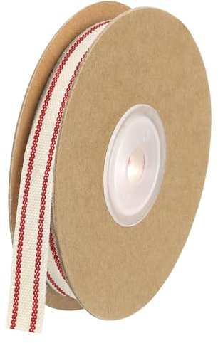 QUARKZMAN Naturale Cotone Righe Nastro 1cm x 9,1m Cotone Tessuto Nastro Rotolo Naturale con Rosso Grosgrain Nastro per Regalo Confezione Fai da Te Artigianato Fiocco Creazione Casa