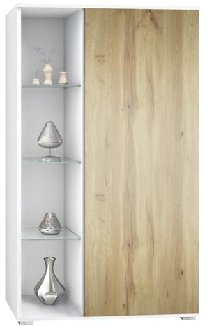 Vladon Vitrine Davos, Made in Germany, Standvitrine mit 3 Glasböden und 8 Fächer, Weiß matt/Eiche Wotan (71,5 x 134 x 35 cm)