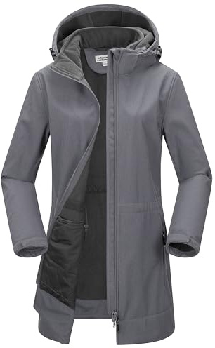 Outdoor Ventures Dam softshell lång jacka med huva fleece fodrad vindtät jacka för kvinnor vattentät vindjacka, GRÅ, 4XL