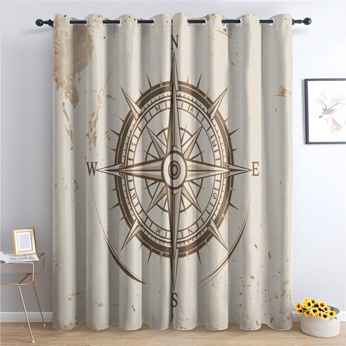 SZLYZM Vorhänge Kompass Nautisch, Verdunkelungsvorhang 2er Set - Vorhang Blickdicht Maritim Vintage Muster, Thermovorhang für Deko Wohnzimmer Schlafzimmer, Gardinen mit Ösen 137x117 cm (HxB)