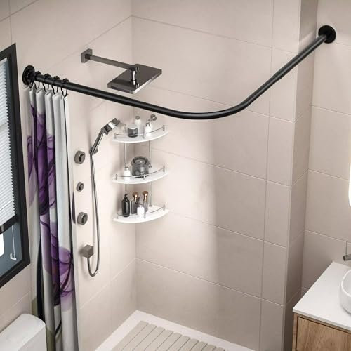 Edelstahl Duschvorhangstangen Rundbogen Duschstange,Einziehbare Duschvorhangwinkelstangen Mit Duschvorhangringen, L-Form Gardinenstange Badewanne Schiene Duschvorhang FüR 90–130 cm Badewanne Ecke