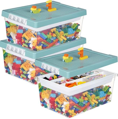 Greentainer Aufbewahrungsbox Spielzeug mit Deckel & AbnehmbaresTablett,3er Spielzeug Box aus PP,Aufbewahrungskorb Kinder,Spielzeugkiste für Kinderzimmer Aufbewahrungsbehälter für Blöcke(Blau)