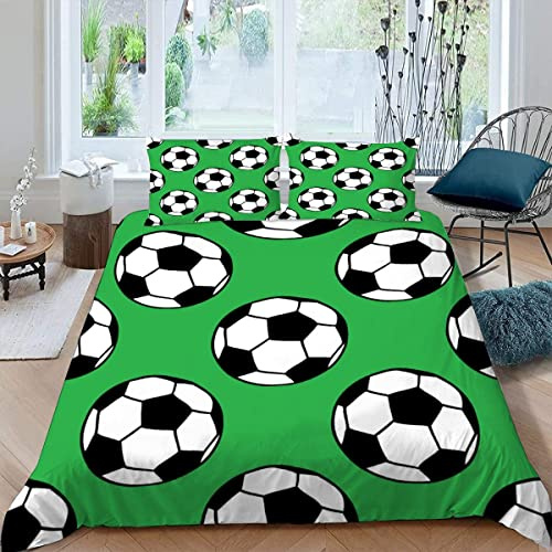 Parure de lit en microfibre douce avec housse de couette et taies d'oreiller en microfibre douce pour adultes et adolescents Motif ballon de football 3D Vert 230 x 220 cm