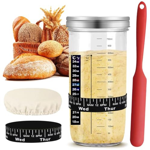 JUSJUBR Sourdough Starter Jar Kit, 25oz, 730ml Glass Round Jar, Reusable Wide Mouth Glass Sourdough Fermentation for Baking, with Silicone Scraper, Cloth Cover, Thermometer Band