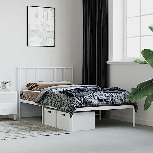 Myheimly Bettgestell, Bettrahmen mit Kopfteil Fußteil, Metallbett Bett mit Lattenrost, Doppelbett Gästebett Schlafzimmer, Metall Weiß,mit Kopfteil,90 x 200 cm