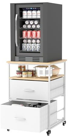 Suuiwau Mini Fridge Stand with Storage Mobile Refrigerator Table Mini Fridge Cabinet Rolling Compact Fridge Cart Beverage Fridge Table with Wheels for Kitchen Bedroom Office Dorm, White