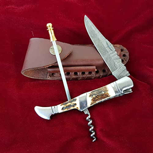Craft TOMATIK Damast stålfickkniv | fällkniv Laguiole | hjorthorn, handtag i rostfritt stål med korkskruv | handgjord utomhus damaskkniv, campingkniv | FK22
