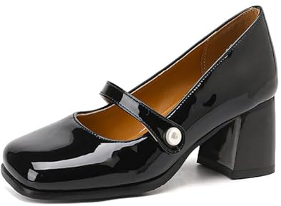 Pelle verniciata moda fibbia punta quadrata cinturino scarpe da donna tacco a blocco tacco medio con 6 cm comode décolleté per le donne grandi dimensioni Z034s30T, Nero , 45 EU