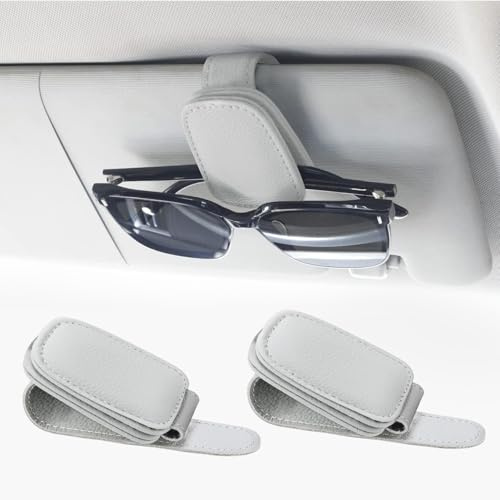 elook 2 Stück Brillenhalter für Auto Sonnenblende, Magnetischer Leder Sonnenbrillenhalter Auto, Universal Auto Visier Brillenhalter, Ticket Karten Clip Brillen Halterung - Grau