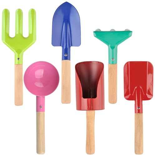 Juego de 6 herramientas de jardinería para niños, coloridos juguetes de playa con rastrillo, pala, paleta y más, juego de jardinería de hierro para niños pequeños con mango de madera, juguetes pa