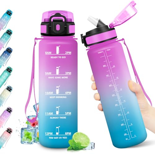 Trinkflasche 1L, Trinkflasche Kohlensäure Geeignet, BPA-frei, Wasserflasche mit Strohhalm & Zeitmarkierung, Auslaufsicher, Sportflasche für Kinder, Gym, Camping, Wandern, Fahrrad, Yoga, Sport