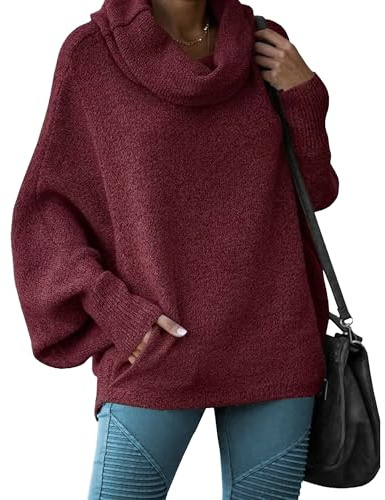 Pull Oversize à col bénitier et Manches Longues Chauve-Souris pour Femme, Pull décontracté en Tricot Ample avec Poches