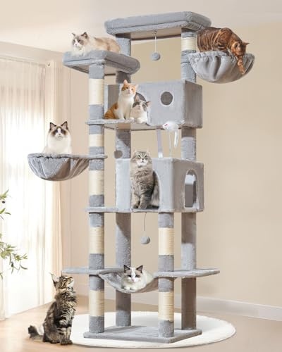 Taoqimiao 193cm Kratzbaum XXL, Großer Katzenbaum Für Große Katzen, MS046W | Große Stabile Standfläche, Mehrstöckig, Einfache Montage, 2 Katzenhaus, 8 Kratzsäulen, Große Plattform, Hängematte, Hellgrau
