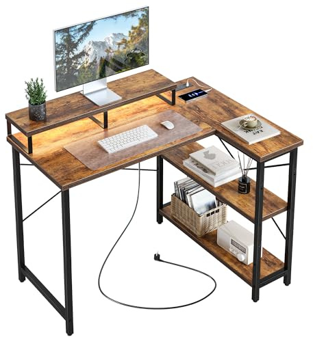 CubiCubi L-förmiger Schreibtisch, 105x80cm Gaming Tisch mit LED & Steckdosen, Wendbarer Eckschreibtisch, Computertisch mit Monitorständer für Home Office, Spielen, Studium, Vintagebraun