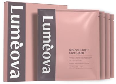 Luméova Kollagen-Gesichtsmaske – 4 x 34 g – feuchtigkeitsspendend, straffend – Meereskollagen, Probiotika, Hyaluronsäure – alle Hauttypen – Bewertung 93/100 auf Yuka