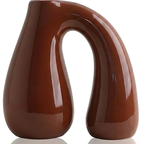 PROBENEX Brown Ceramic Decorative Pitcher Vase, 7.5 in – Glossy Sculptural Arch-Handle, Warm Earth-Tone Home Décor for Fresh or Dried Floral Arrangements, Table/Shelf/Entryway, Giftable