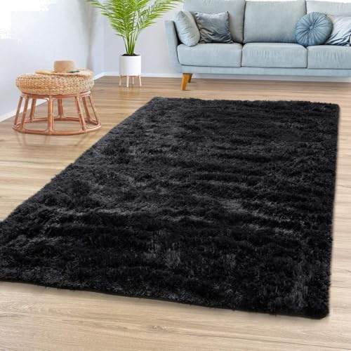 Tappeto antiscivolo, 110 x 160 cm, a pelo alto, per soggiorno, camera da letto e spazi interni, resistente, nero, decorativo per la casa