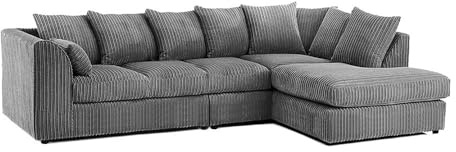 Corner Sofa - Grey 5 Seater Fabric Settee - Comfy Scatter back Left & Right hand Sofas - Modular Large L Shaped Couch Suite - Sectional Sofa Suites for Living Room Indoor (Jumbo Cord, Right hand)