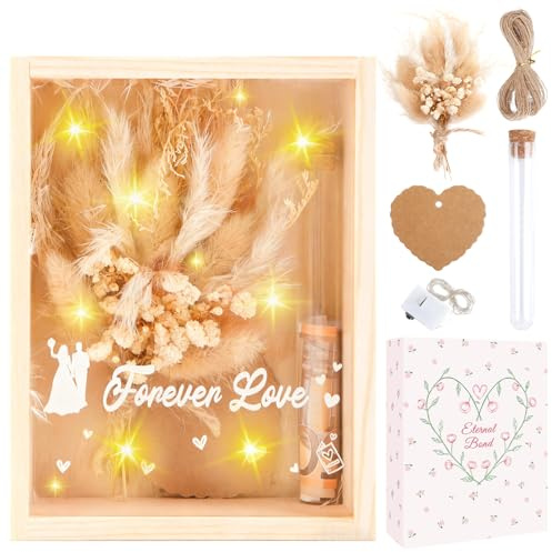 Hochzeitsgeschenke für Brautpaar, Hochzeitsgeldgeschenkbox, Geldgeschenk Hochzeit, Holz Hochzeitsgeschenke Geldgeschenkbox mit Trockenblumen, Lichterkette & Geldklammer Für Verlobung Hochzeitstag