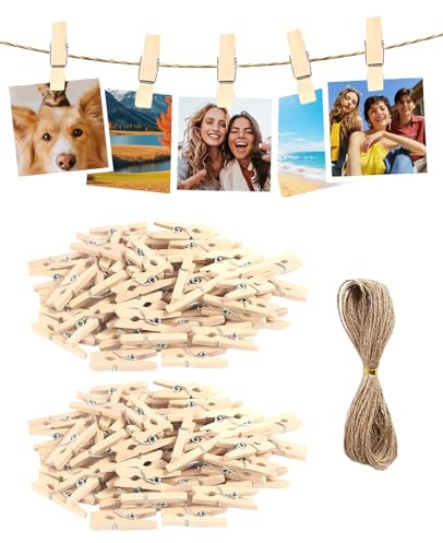 Donvuka 200 Stück Holzklammern Klein, 25mm Mini Wäscheklammern Holz mit 10m Jute Twine für Fotos, Postkarten, Geschenke, DIY Basteln und Deko
