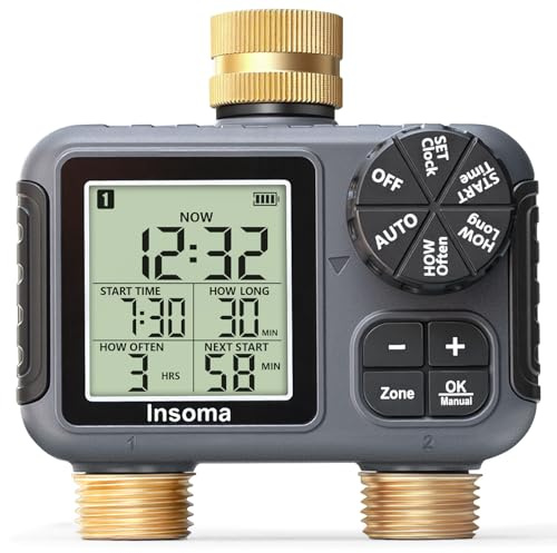 Insoma 2-Zone Sprinkler Timer Brass Inlet/Outlet, Water Hose Timer with Auto/Manual Modes + Rain Delay | Big LCD Dispay | Hose Timers for Garden, Yard Lawn, IPX5 Waterproof & Save Water
