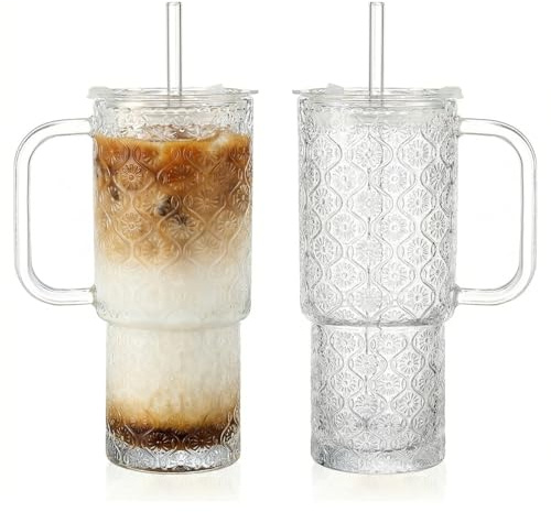 Hestremo 20 oz Glasbecher mit Deckel und Strohhalm, Glas-Eiskaffee-Tassen, auslaufsicherer Trinkbecher mit Griff, Hobnail-Gläser-Trinkset mit 2 Stück, Vintage-Glaswaren für Cocktail, Saft, Smoothies