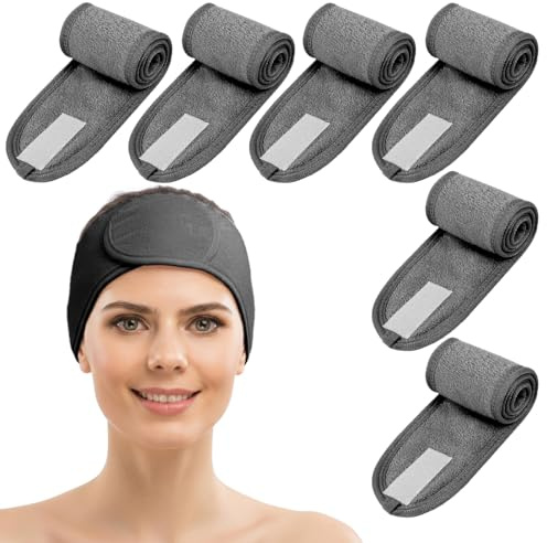 Coogime 6 Stück Make Up Haarband, Kosmetishe Haarband mit Klettverschluss, SPA Verstellbarer Headband für Sport, Duschen, Kosmetik und Make-up (Grau)