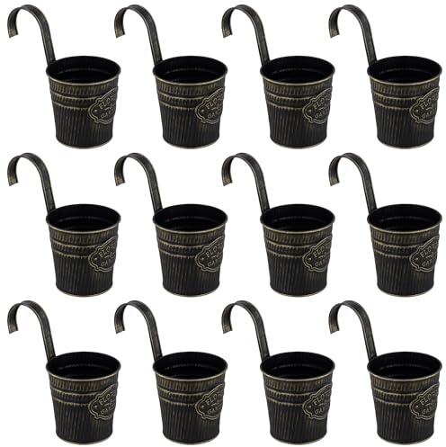 CHEUKYIU 12 Stück Hängende Blumentöpfe zum Aufhängen, 10 x 10cm Hängetöpfe Metall mit Haken, Hängeblumentopf Schwarz für Balkon, Zäune