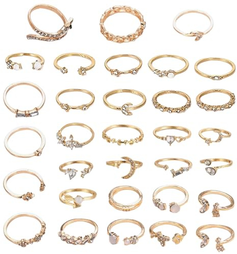 JSTHHTT 32 Pièces Bague Femme Or, Ensemble de Bagues Empilables en Or, Knuckle & Pouce Fantaisie, Bagues Minces avec Zircone Cubique Alliance, Bague Reglable Femme, Bijoux Cadeau Femme