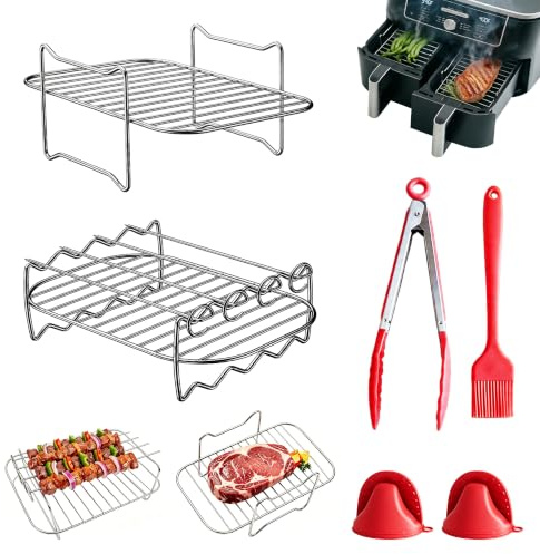 5 Piezas Rejilla Air Fryer Acero Inoxidable Alimentaria Accesorios Airfryer Compatible con Ninja Foodi Cecotec COSORI Soporte Grill para Freidora de Aire Doble (7,6L-9,5L) con Pinchos para Parrilla