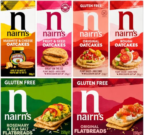 Nairn's Grazing Selection Variety Pack (Pack of 6) Oatcakes & Flatbreads | Includes Gluten Free Original & Cheese Oatcakes, Original & Rosemary Flatbreads, Fruit & Seed and Rough Oatcakes