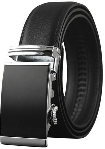 Men's Genuine Leather Ratchet Belt - Adjustable, Fits Any Waist up to 44. 1.5 Wide Black Strap with Black and Chrome Buckle. For Casual or Smart/Suit/Dress Wear. In Presentation Gift Box.