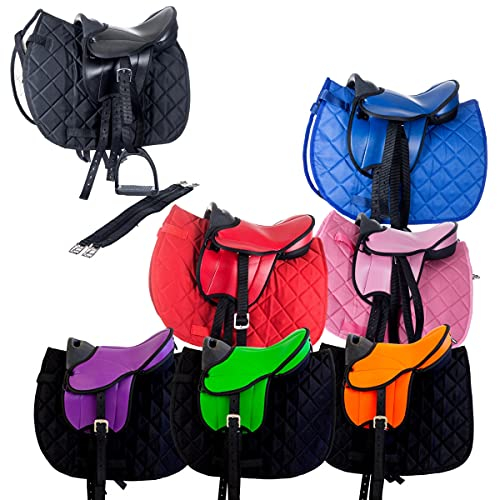 Marengos - Holzpferd Sattel Set | Sattel für Holzpferd mit Sattelgurt, Schabracke, Steigbügel & -Riemen | Sattel aus Kunstleder | Sattel-Typ Beginner in pink | Größe 12