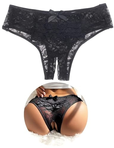 ohyeahlady String Tanga Damen Sexy Dessous Offener Schritt Spitze Slip Große Größen Panty Hipster Höschen Ouvert Unterwäsche Soft Blumen Loch Unterhosen Schwarz,M